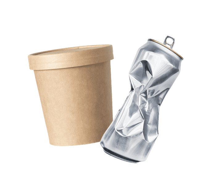 Crushed aluminum can and paper container illustrate the higher carbon footprints and energy use of plastic alternatives.