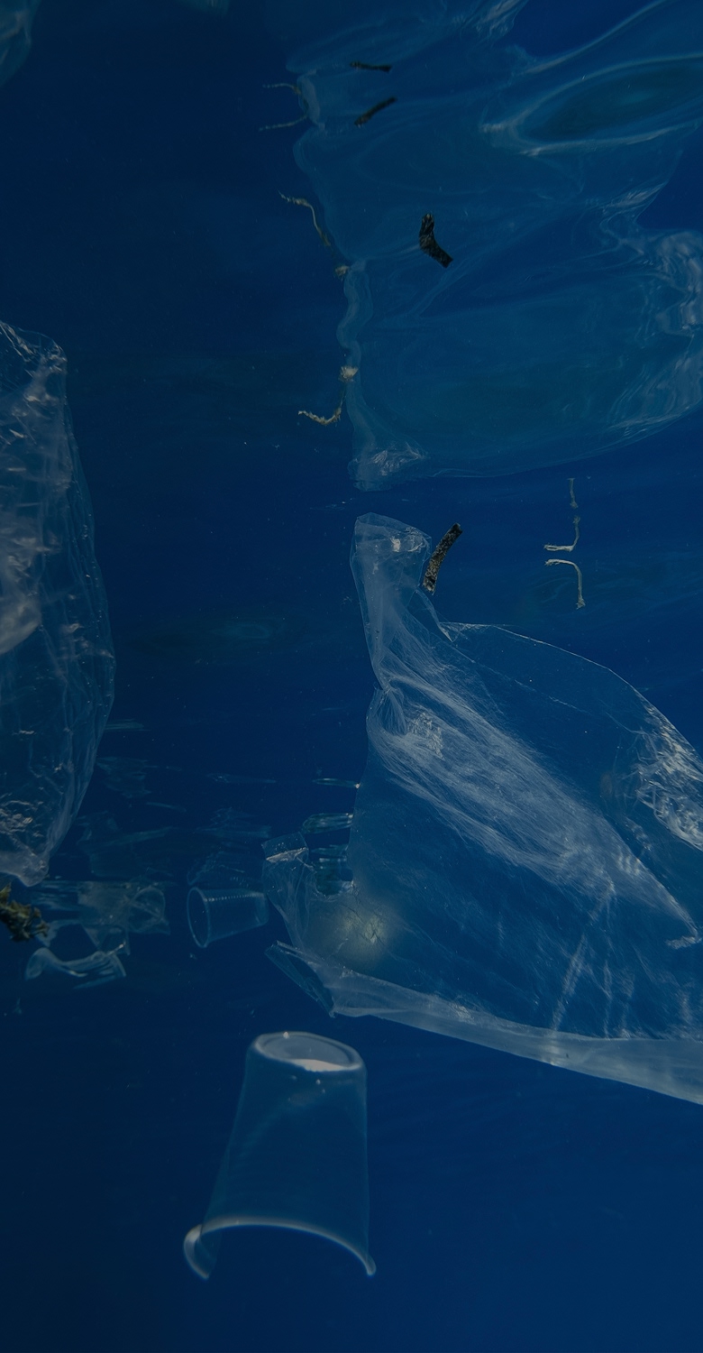 Plastic bags and cups pollute the ocean, highlighting the plastic waste crisis.