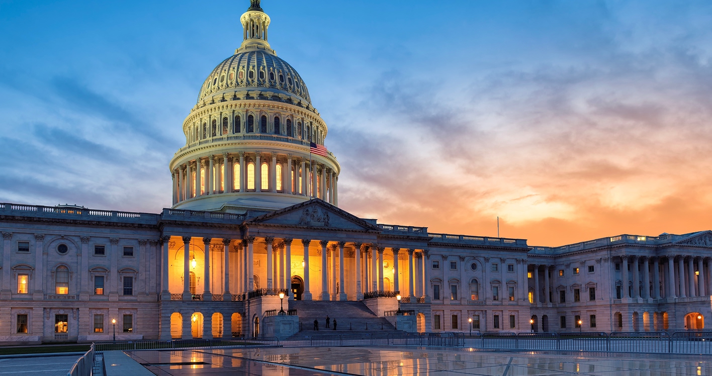 The US Capitol Building at dusk, highligthing the policy changes needed to combat plastic pollution.