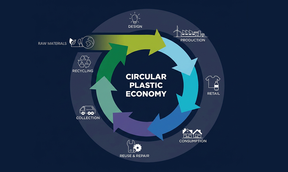 Circular system diagram with challenges between manufacturing, consumption, and recycling.